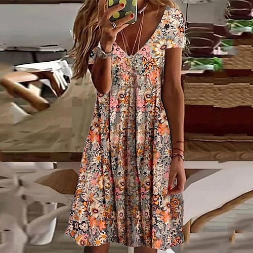 

Women's Casual Dress Shift Dress Pink Short Sleeve Floral Print Spring Summer V Neck 2022 S M L XL XXL 3XL