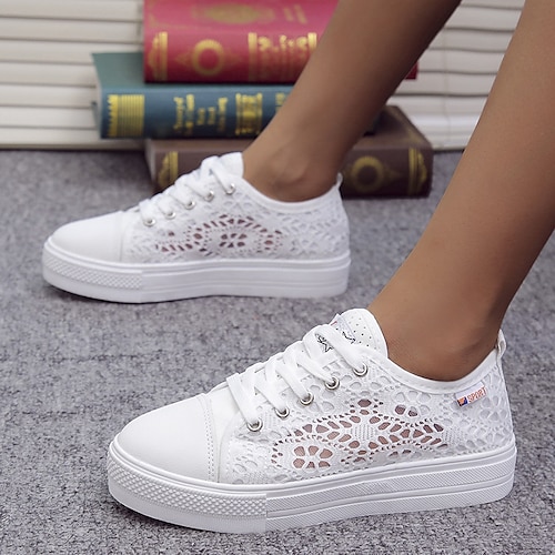 

Women's Sneakers Plus Size Canvas Shoes White Shoes Outdoor Daily Wedding Sneakers Summer Flat Heel Round Toe Sporty Basic Casual Walking Shoes Lace Canvas Lace-up Solid Colored White