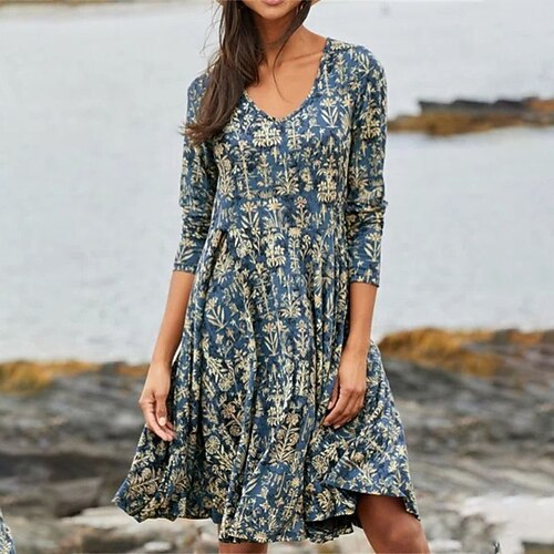 

Women's A Line Dress Knee Length Dress Blue Long Sleeve Floral Print Spring Summer V Neck Stylish Elegant 2022 S M L XL XXL