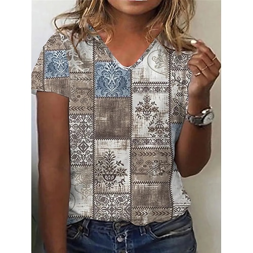 

Women's Plus Size Tops T shirt Floral Color Block Print Short Sleeve V Neck Vintage Streetwear Daily Going out Cotton Spring Summer Beige