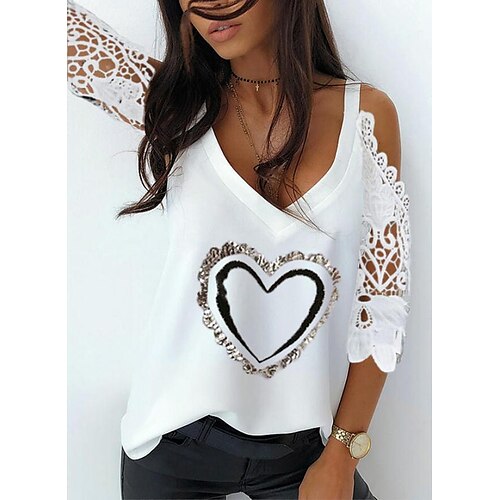 

Women's Painting T shirt Heart Cut Out Lace Cold Shoulder V Neck Basic Tops White Black Pink