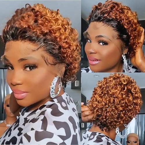 

Pixie Cut 13X1 Lace Front Wig Short Colored Human Hair Wig Pre-plucked Deep Curly Bob Wig Brazilian Hair Wigs 1B/27 Remy Hair