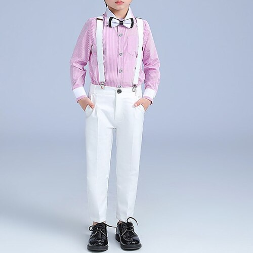 

4 Pieces Kids Boys Shirt & Pants Clothing Set Outfit Stripe Long Sleeve Cotton Set Gentle Preppy Style Spring Summer 3-13 Years Blue Red