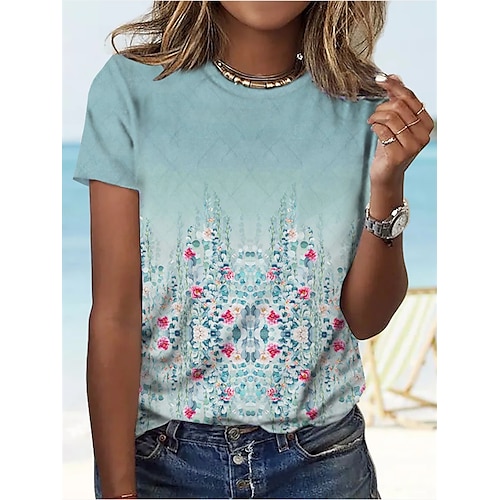 

Women's T shirt Flower Patchwork Print Round Neck Basic Tops Green / 3D Print
