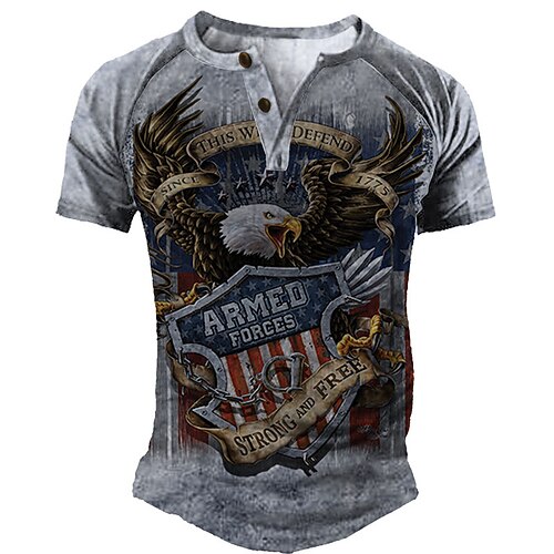 

Men's Henley Shirt Tee T shirt 3D Print Graphic Eagle Plus Size Henley Daily Sports Patchwork Button-Down Short Sleeve Tops Basic Casual Classic Designer Gray