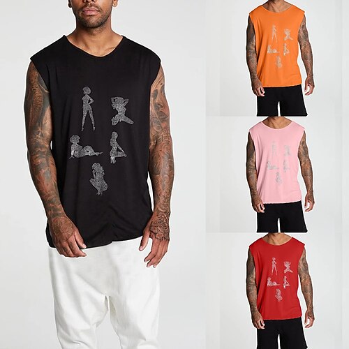 

Men's Tank Top Vest Hot Stamping Cartoon Graphic Crew Neck Casual Daily Print Sleeveless Tops Lightweight Fashion Big and Tall Sports Black Pink Orange