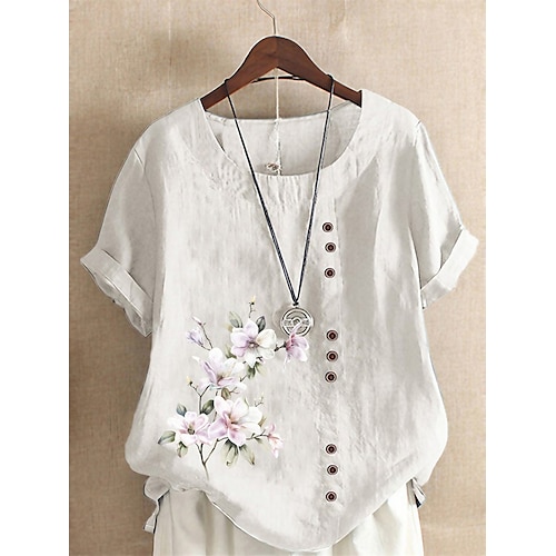 

Женская хлопково-льняная рубашка, блузка на каждый день, пуговицы с цветочным принтом, белая, зеленая, с короткими рукавами, винтажная базовая, праздничная, с круглым вырезом, лето-весна