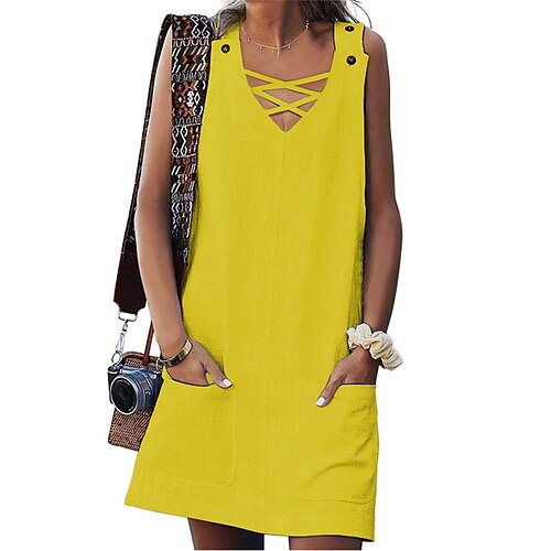 

Mujer Vestido de cambio Amarillo Azul Marino Sin Mangas Color puro Bolsillo Primavera Verano Escote en Pico Clásico 2022 S M L XL XXL 3XL 4XL 5XL