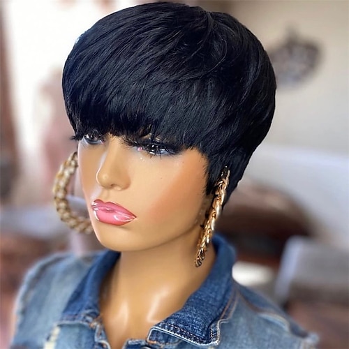 

Human Hair Wig Full Machine Made Natural Straight with Bang Pixie Cut For Women 130% Brazilian Hair Capless Human Hair Wig None Lace Wig Black#1B