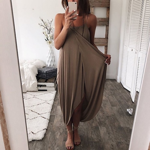 

Women's Strap Dress Maxi long Dress pea green White Brown Sleeveless Solid Color Cold Shoulder Summer U Neck Casual Boom Sale Dress S M L XL 2XL 3XL