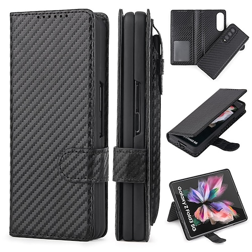 

Phone Case For Samsung Galaxy Wallet Card Z Fold 3 Detachable Shockproof Card Holder Slots Solid Colored Carbon Fiber PU Leather
