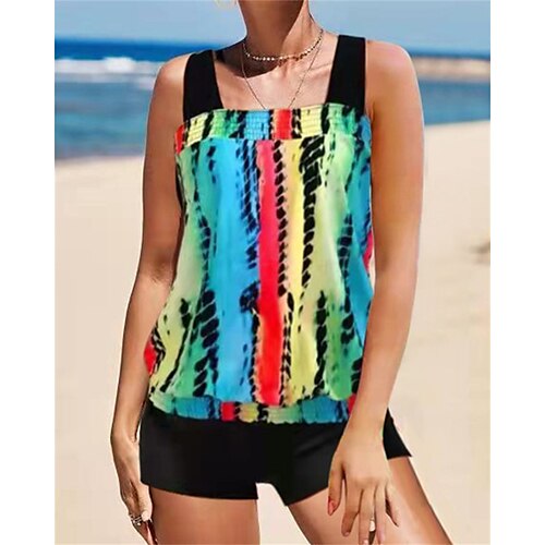 

Women's Swimwear Tankini 2 Piece Swimsuit Print Color Block Stripe Green Strap Bathing Suits New Casual Vacation / Padded Bras