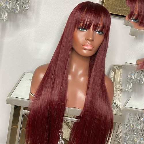 

Remy Human Hair Wig Straight With Bangs Burgundy Capless Brazilian Hair Women's Dark Wine 8 inch 10 inch 12 inch Party / Evening Daily Wear Vacation