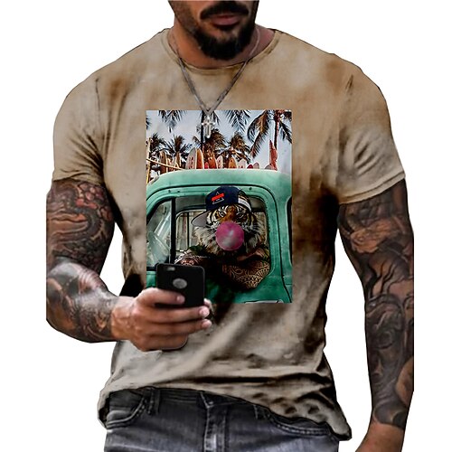

Men's Unisex T shirt 3D Print Graphic Prints Tiger Animal Crew Neck Street Daily Print Short Sleeve Tops Casual Designer Big and Tall Sports Brown