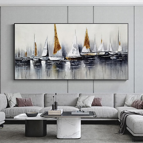 

Oil Painting 100% Handmade Hand Painted Wall Art On Canvas Abstract Horizontal Abstract Ocean Sailboat Landscape Modern Home Decoration Decor Rolled Canvas No Frame Unstretched