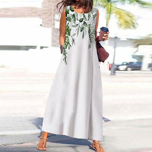 

Damen A Linie Kleid Maxikleid Grau Ärmellos Bedruckt Tasche Bedruckt Frühling Sommer Rundhalsausschnitt Stilvoll Alltag Urlaub 2022 S M L XL XXL 3XL