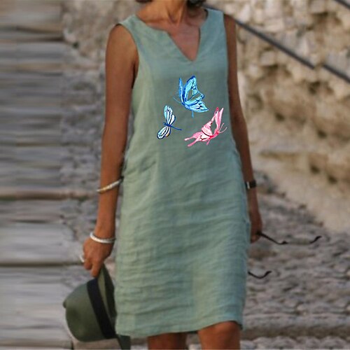 

Women's Shift Dress Knee Length Dress Pink Light Green Yellow Light Blue Sleeveless Butterfly Animal Print Spring Summer V Neck Elegant Casual Vacation 2022 S M L XL XXL 3XL 4XL 5XL