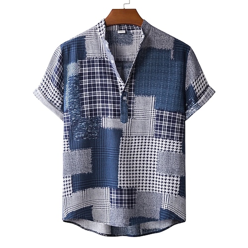 

Men's Dress Shirt Casual Shirt T shirt Shirt Print Oil Painting Geometry Letter Round Neck Casual Daily Print Short Sleeve Tops Ethnic Style Retro Tropical Nostalgic Sea Blue