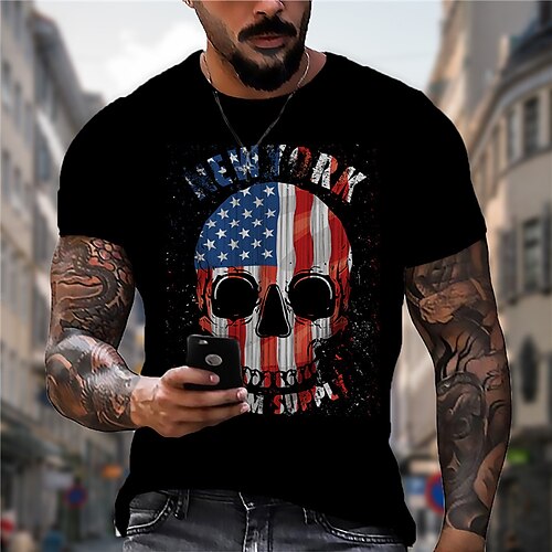 

Men's Unisex T shirt Tee 3D Print Graphic Prints Skull National Flag Crew Neck Street Daily Print Short Sleeve Tops Casual Vintage Designer Big and Tall Black / Summer