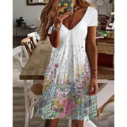 

Women's Shift Dress Knee Length Dress White Short Sleeve Floral Print Spring Summer V Neck Stylish Casual 2022 S M L XL XXL 3XL