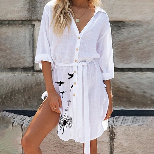 

Women's Shirt Dress Short Mini Dress White 3/4 Length Sleeve Floral Split Button Print Spring Summer Shirt Collar Casual 2022 S M L XL XXL