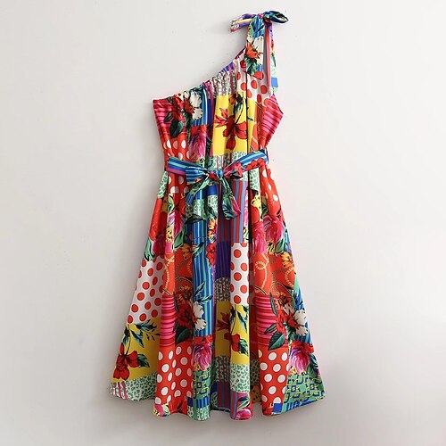 

Women's A Line Dress Knee Length Dress Rainbow Sleeveless Floral Print Lace up Bow Print Spring Summer One Shoulder Casual Vacation 2022 S M L
