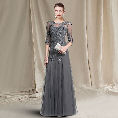 

A-Line Mother of the Bride Dress Luxurious Elegant Jewel Neck Floor Length Lace Tulle 3/4 Length Sleeve with Appliques 2022