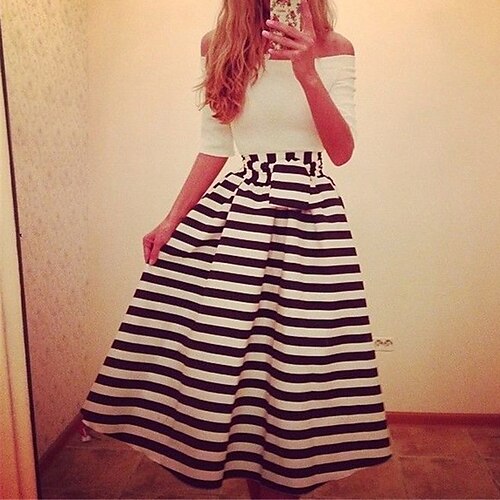 

Women's A Line Dress Midi Dress Black and white stripes Half Sleeve Striped Print Spring Summer Off Shoulder Work Elegant Casual 2022 S M L XL