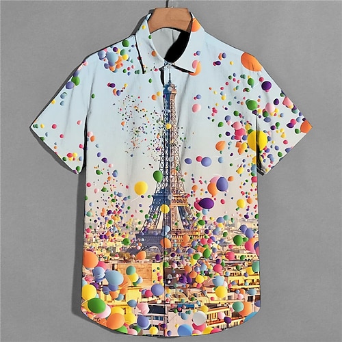 

Men's Shirt Print Scenery Eiffel Tower Turndown Street Casual Button-Down Print Short Sleeve Tops Casual Fashion Designer Breathable Blue