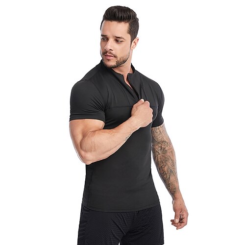 

Men's Running T-Shirt Workout Shirt Half Zip Short Sleeve Top Athletic Spandex Breathable Quick Dry Moisture Wicking Gym Workout Running Active Training Sportswear Activewear Solid Colored Black Army