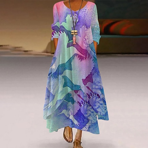 

Women's A Line Dress Maxi long Dress Blue White Orange Red Yellow Long Sleeve Floral Butterfly Print Spring Summer Round Neck Casual 2022 S M L XL XXL 3XL 4XL 5XL