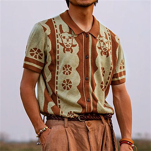 

Men's Shirt Hot Stamping Graphic Tribal Turndown Street Casual Button-Down Print Short Sleeve Tops Casual Fashion Breathable Comfortable Brown
