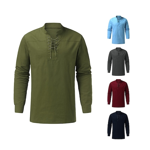 

Men's Linen Shirt Shirt Summer Shirt Beach Shirt Wine Black Army Green Long Sleeve Solid Color Stand Collar Summer Spring Street Casual Clothing Apparel Lace up