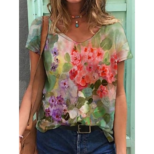 

Women's T shirt Tee Green Blue Light Green Graphic Floral Print Short Sleeve Daily Basic V Neck Regular Floral S / 3D Print