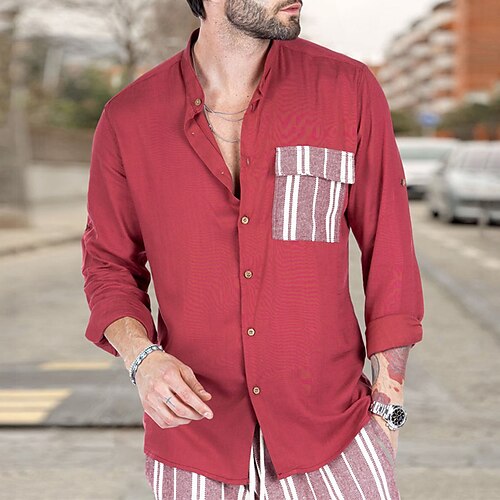 

Men's Shirt Striped Color Block Stand Collar Street Casual Button-Down Print Long Sleeve Tops Casual Fashion Streetwear Cool Red Beige