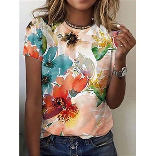

Women's Floral Theme T shirt Floral Plants Print Round Neck Basic Tops Rainbow / 3D Print