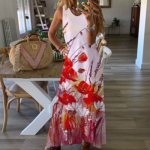 

Women's Shift Dress Maxi long Dress Blue Purple Orange Red Light Blue Sleeveless Floral Print Spring Summer Crew Neck Casual 2022 S M L XL