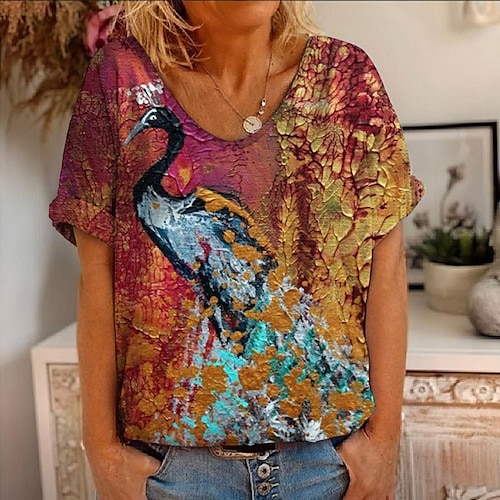 

Women's T shirt Tee Green Blue Brown Graphic Floral Print Short Sleeve Casual Weekend Basic V Neck Regular Abstract Painting S / 3D Print