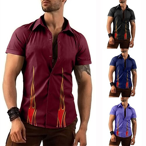 

Men's Shirt Flame Turndown Street Casual Button-Down Short Sleeve Tops Casual Fashion Breathable Comfortable Black Purple Red