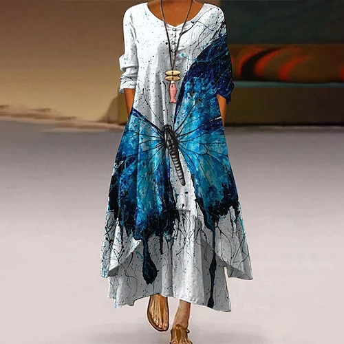 

Women's A Line Dress Midi Dress Green Blue Black Purple Yellow 3/4 Length Sleeve Color Gradient Butterfly Letter Pocket Print Spring Summer V Neck Stylish Elegant 2022 M L XL XXL 3XL 4XL 5XL