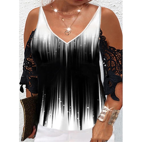

Women's Plus Size Tops Blouse Shirt Color Gradient Cut Out Lace Half Sleeve V Neck Streetwear Daily Going out Polyester Spring Summer Black