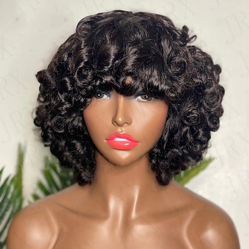 

Remy Human Hair Wig Loose Curl With Bangs Natural Black Fashionable Design Classic Women Capless Brazilian Hair Women's Natural Black #1B 10 inch 12 inch 14 inch Party / Evening Daily Daily Wear