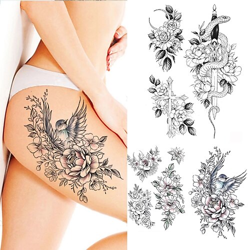 

4PCS Black Flower Rose Waterproof Temporary Bird Snake Sexy Body Arm Leg Gem Henna Tattoo Fashion Big Fake Sleeve Sticker