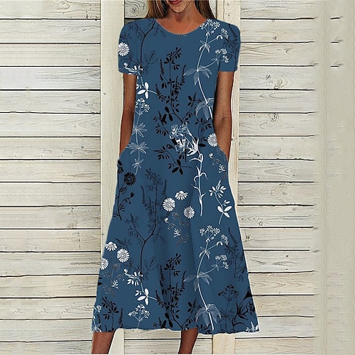 

Mulheres Vestido casual Vestido midi Azul Manga Curta Floral Bolsos Primavera Verão Gola Redonda à moda 2023 S M L XL XXL 3XL