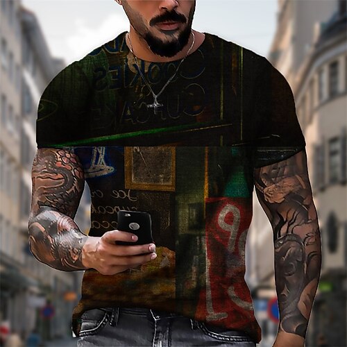 

Men's T shirt 3D Print Graphic Letter Crew Neck Casual Daily Print Short Sleeve Tops Fashion Vintage Designer Big and Tall Black