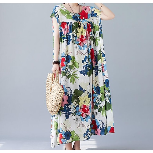 

Women's Swing Dress Maxi long Dress Green Red Short Sleeve Floral Print Print Summer Crew Neck Vintage 2022 One-Size