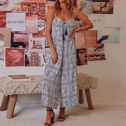 

Women's Jumpsuit Backless Print Floral V Neck Holiday Street Daily Regular Fit Sleeveless Blue S M L Spring