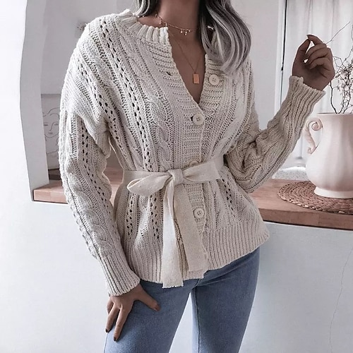 

Mulheres Sueter Cardigan Saltador Cabo Crochê Tricotar Cordões Botão Cor imaculada Gola Redonda à moda Casual Ao ar livre Trabalho Primavera Verão Roxo Amarelo S M L / Manga Longa / Normal