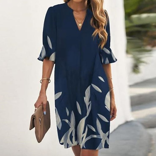 

Women's Shift Dress Knee Length Dress Dark Blue Half Sleeve Floral Print Spring Summer V Neck Work Elegant 2022 M S L XL XXL