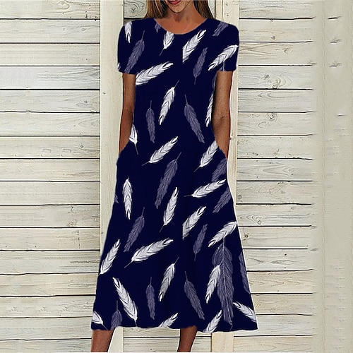 

Women's A Line Dress Midi Dress Navy Blue Short Sleeve Print Pocket Print Spring Summer Round Neck Stylish Casual Modern 2022 S M L XL XXL 3XL